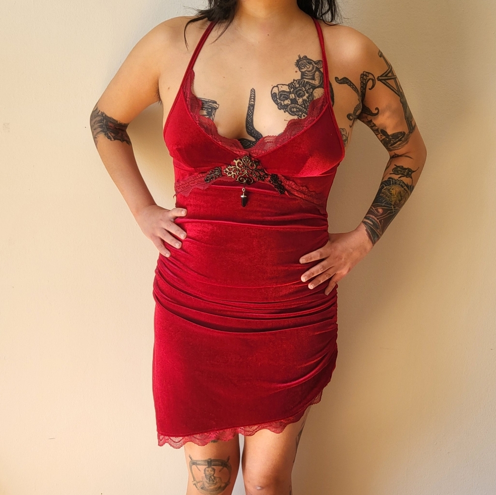 Goth Red Velvet Asymmetrical Ruched Velvet Mini Dress Filigree Crystal Reworked